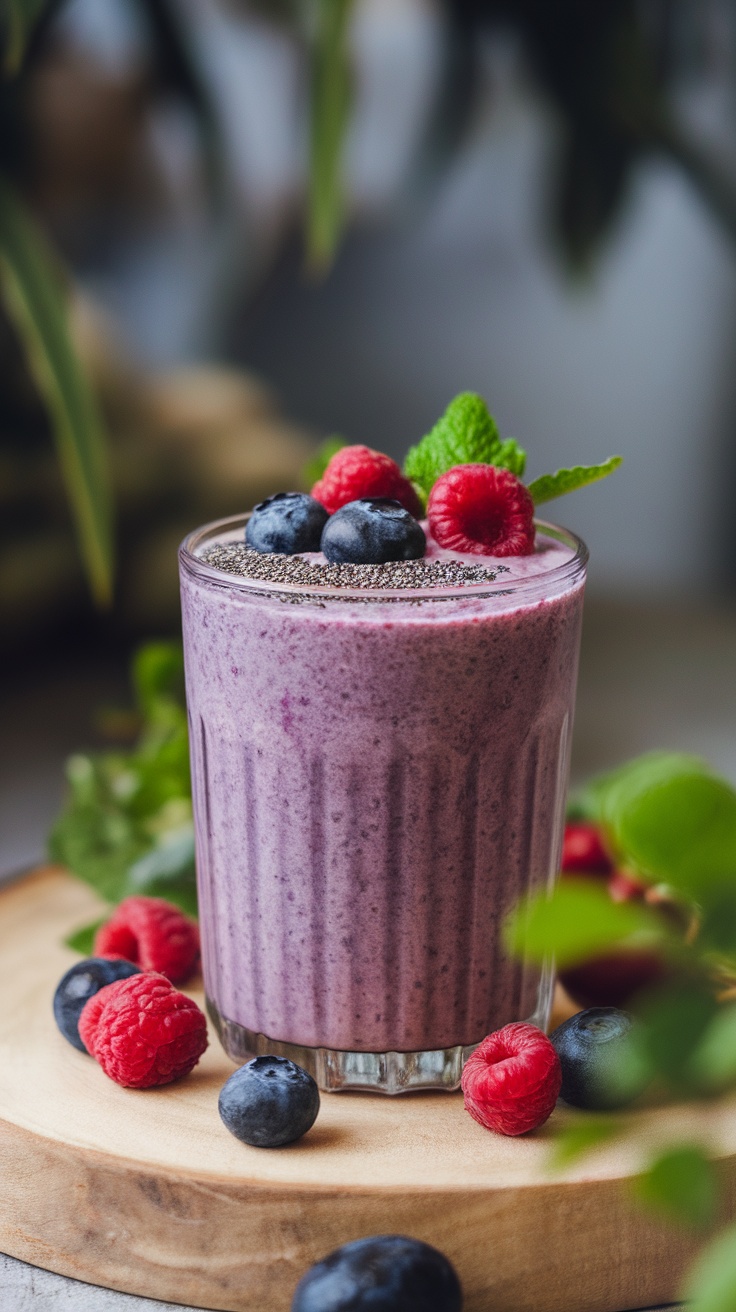 A berry chia seed smoothie in a glass topped with fresh berries and a mint leaf.