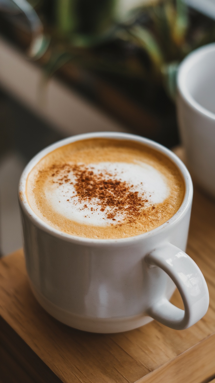 A creamy golden milk latte in a white cup on a wooden surface, topped with a sprinkle of cinnamon.