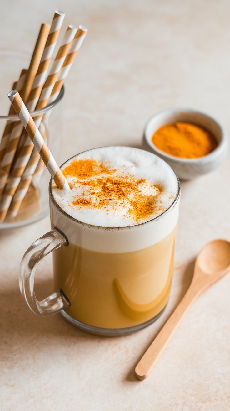 A creamy golden turmeric latte with a sprinkle of turmeric on top, accompanied by striped straws and a bowl of turmeric powder.