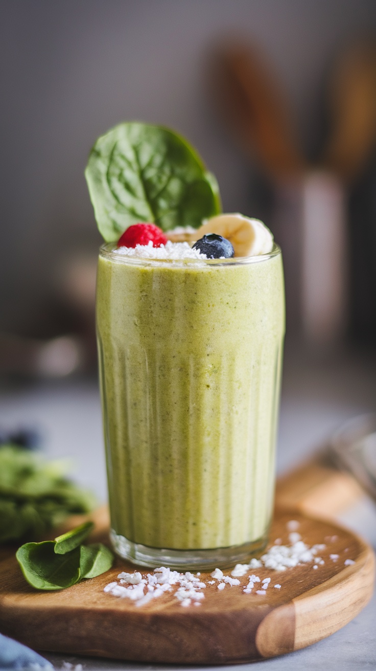 A creamy spinach and avocado green smoothie topped with berries and coconut flakes in a glass.