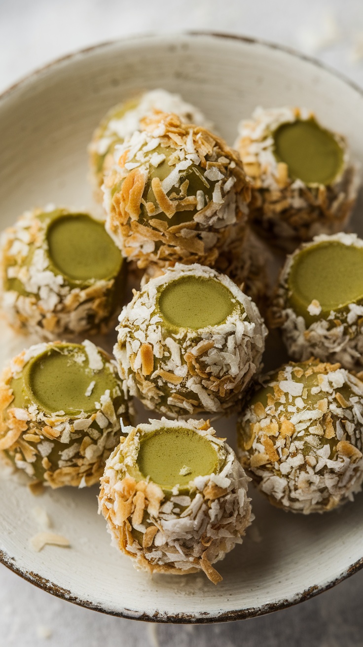 A bowl of matcha coconut truffles, rolled in shredded coconut with a green center.
