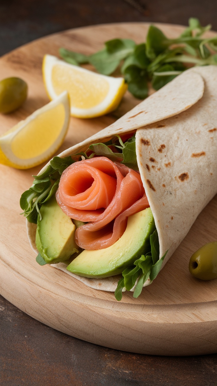A close-up of a smoked salmon and avocado wrap on a wooden board, garnished with lemon slices and greens.