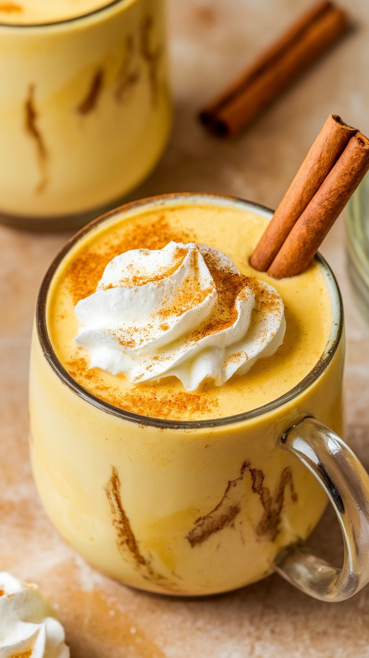 A glass mug filled with golden turmeric coconut elixir topped with whipped cream, cinnamon, and two cinnamon sticks.