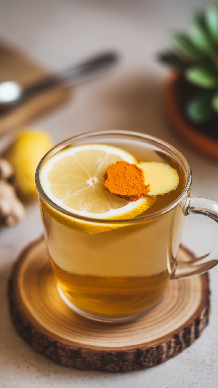 A cup of ginger turmeric tea with lemon slices on a wooden coaster