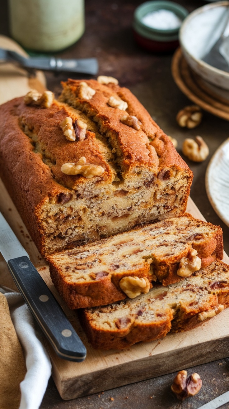 A beautiful loaf of banana bread with walnuts, sliced and served on a wooden board.