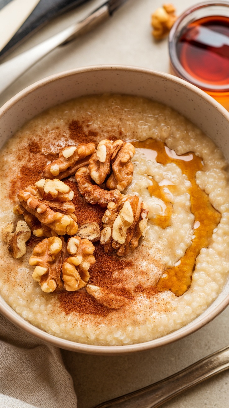 A bowl of nutty quinoa porridge topped with walnuts and a sprinkle of cinnamon, drizzled with syrup.