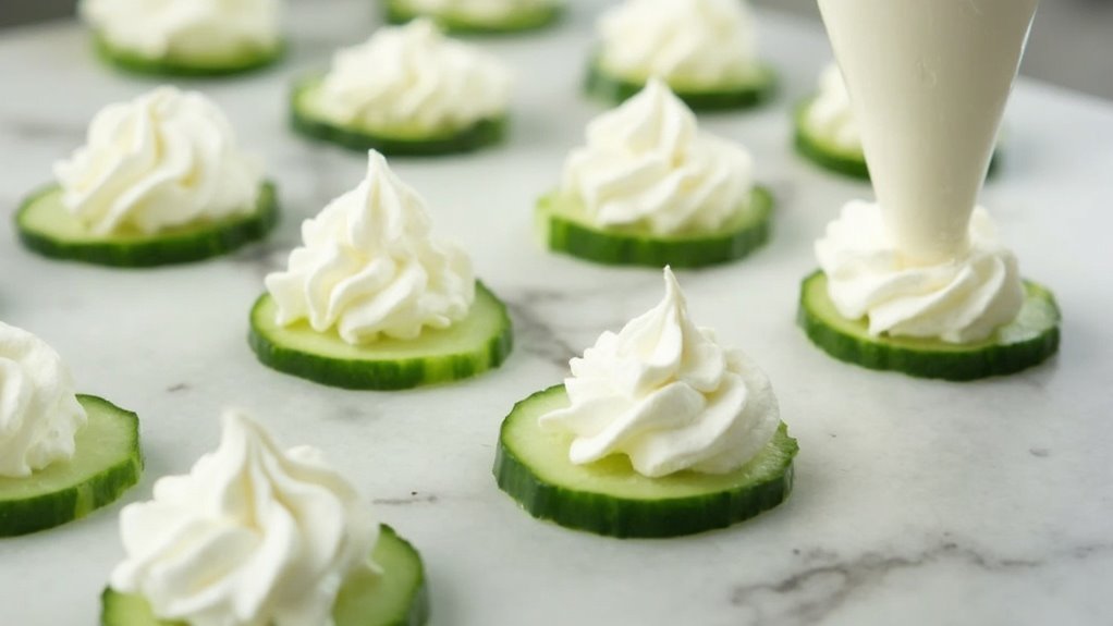 pipe cheese onto cucumbers