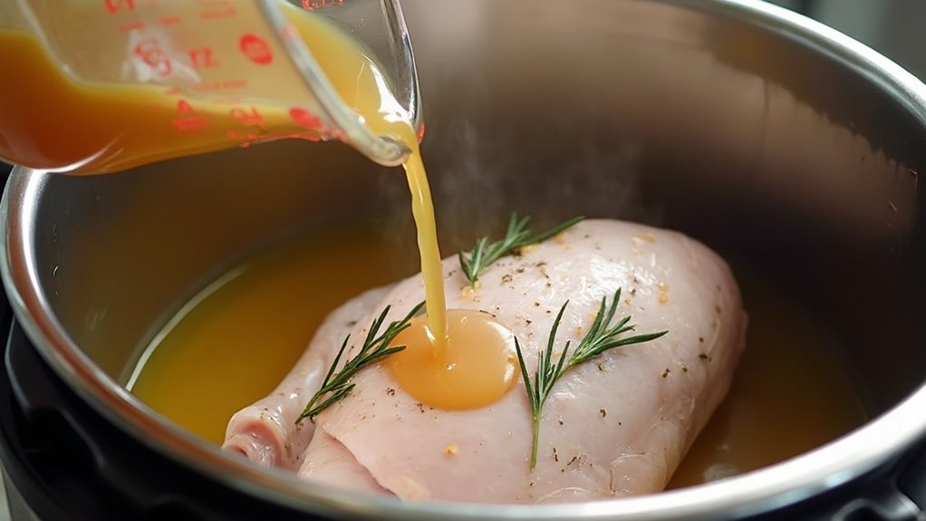 pour broth around chicken