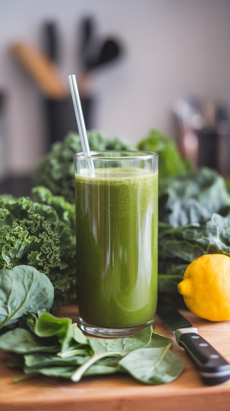 A glass of green juice surrounded by fresh kale, spinach, and a lemon on a wooden surface.
