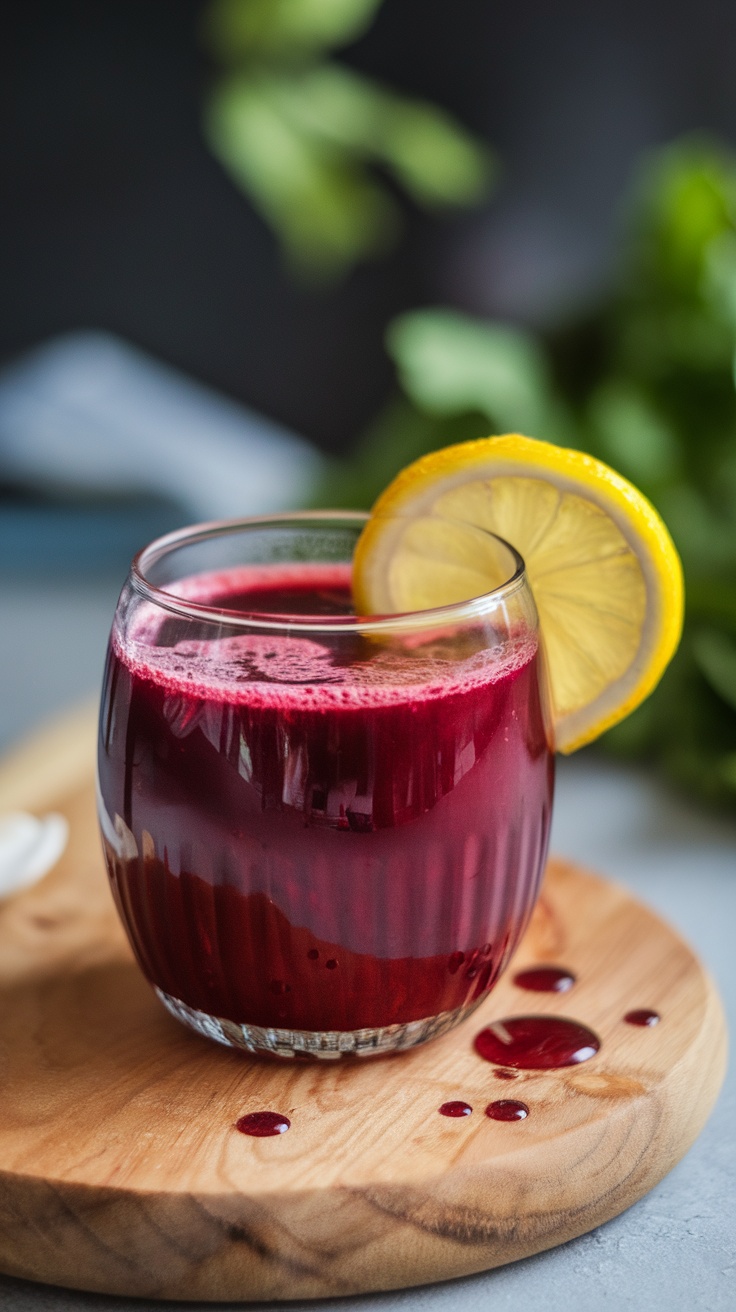 A glass of beetroot juice garnished with a lemon slice, resting on a wooden board.