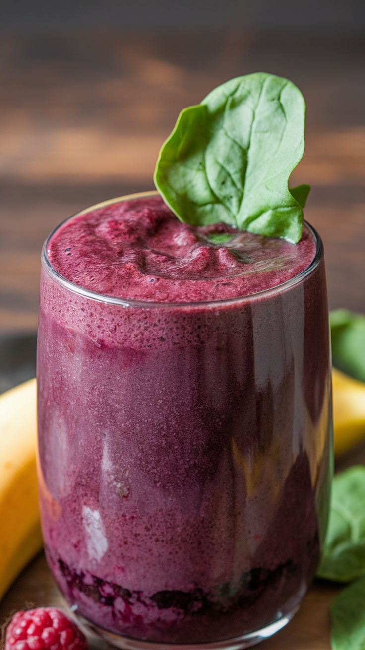 A glass of vibrant purple berry and spinach smoothie topped with a spinach leaf, surrounded by bananas and raspberries
