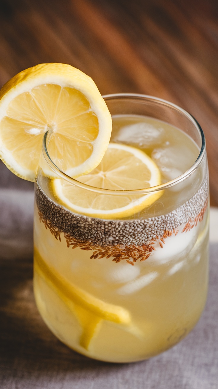 A glass of chia and flaxseed lemonade with lemon slices on top