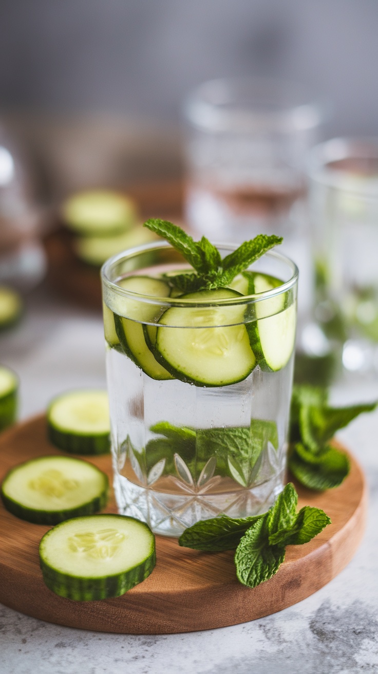 A glass of cucumber and mint detox water with sliced cucumbers around it on a wooden board.