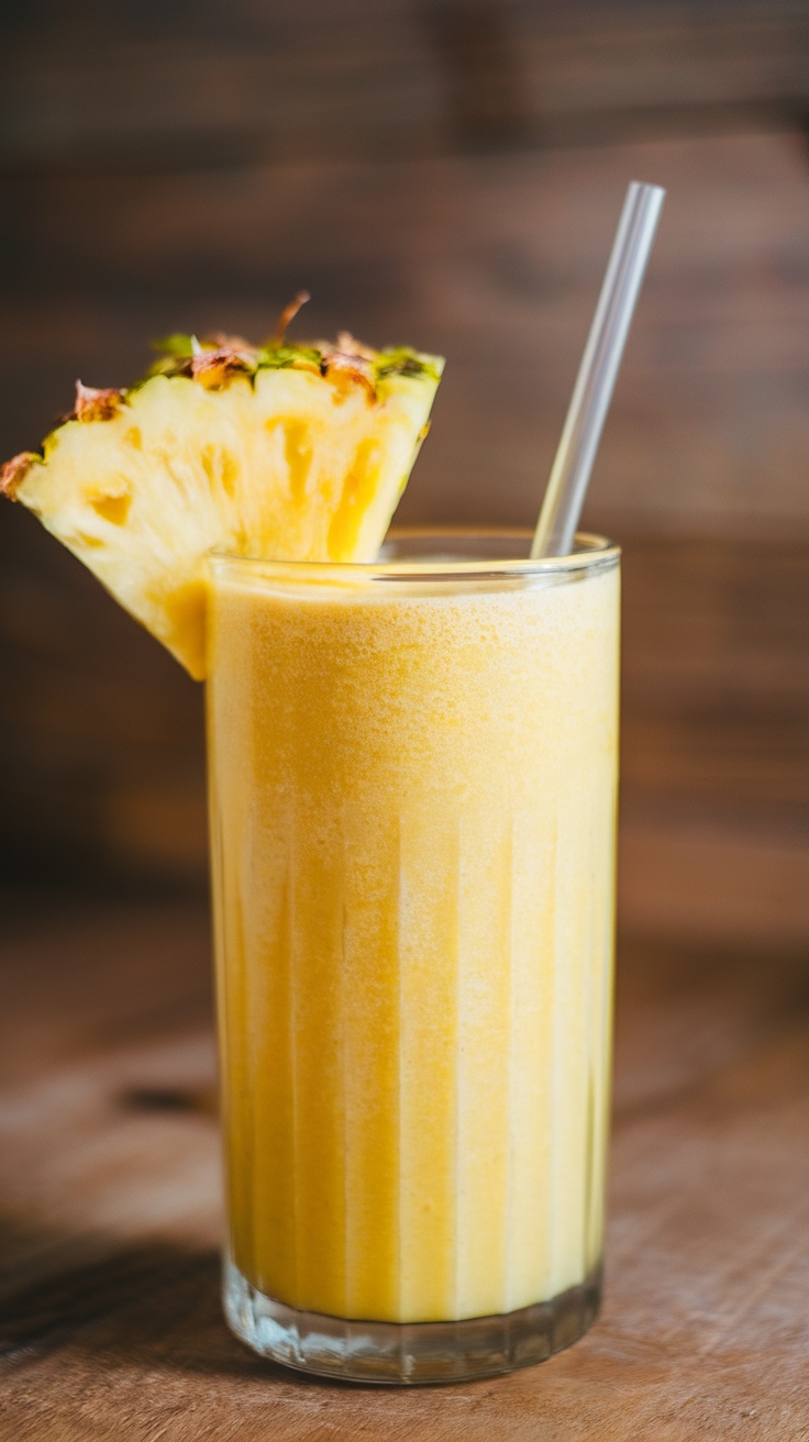 A refreshing pineapple and ginger smoothie served in a tall glass with a pineapple slice on the rim.