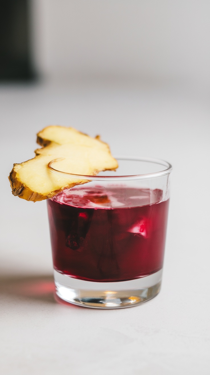 A beetroot and ginger shot served in a glass, garnished with a slice of ginger