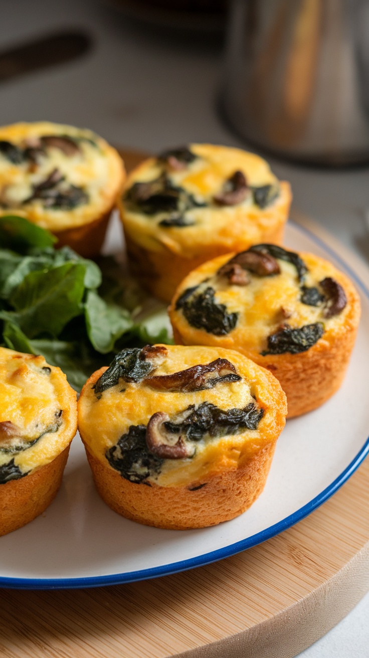 Savory Spinach and Mushroom Egg Muffins on a plate with spinach leaves.