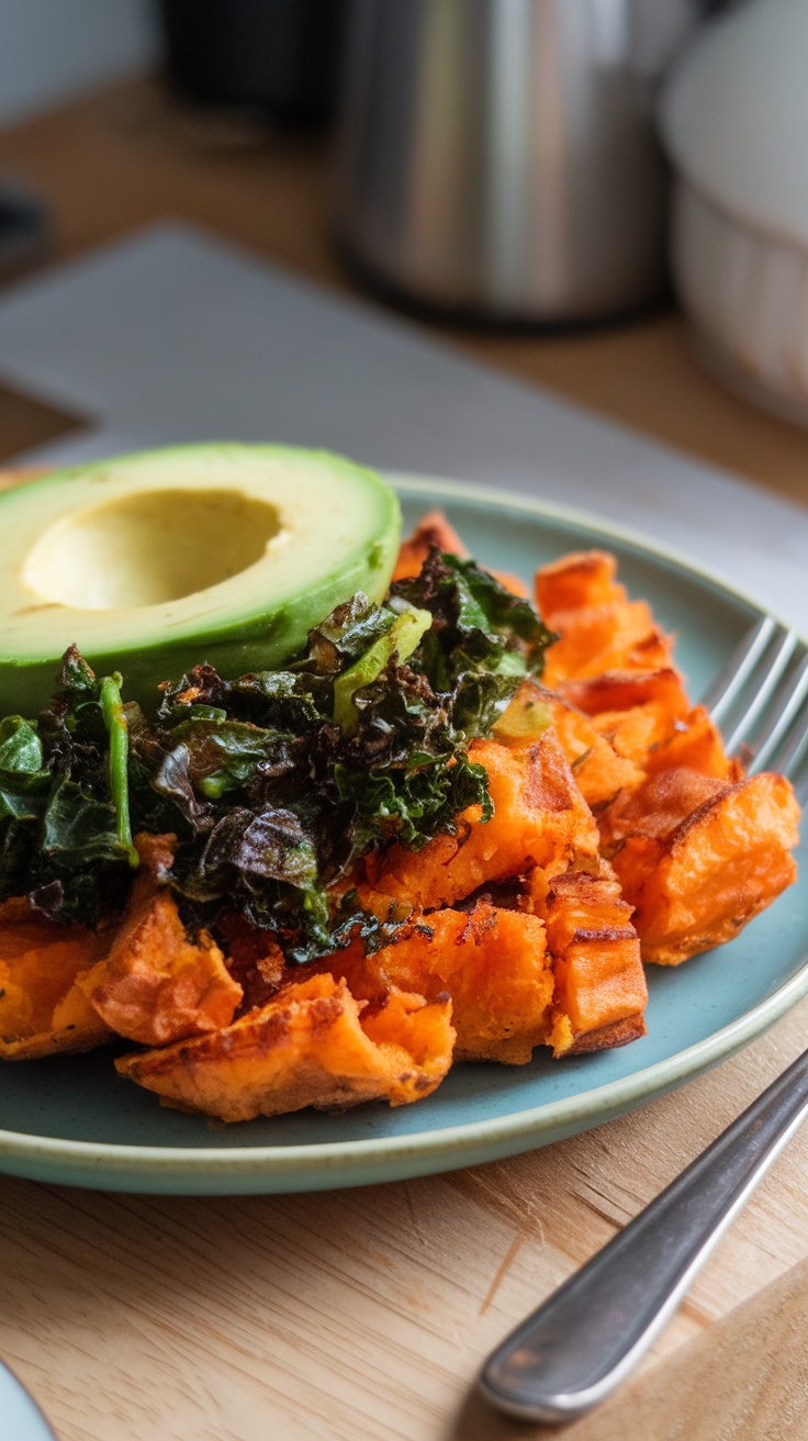 Savory sweet potato hash topped with kale and avocado on a plate