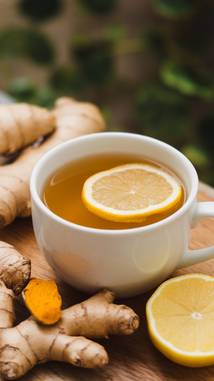 A cup of turmeric ginger tea with a lemon slice on top, surrounded by fresh ginger roots.