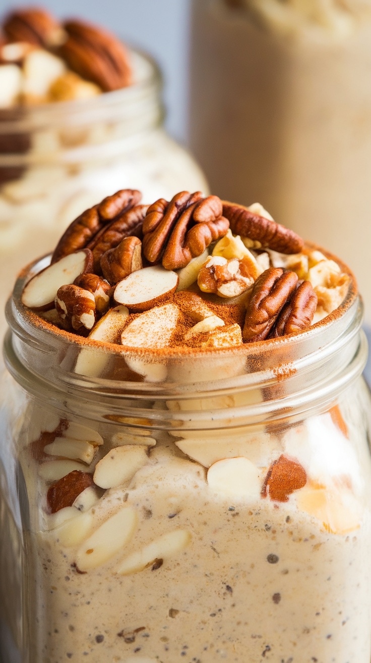 Jars of turmeric golden milk overnight oats topped with nuts and spices