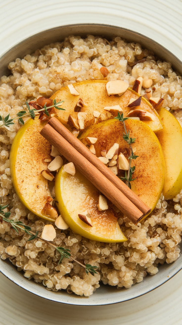 A delicious bowl of warm apple and cinnamon quinoa topped with sliced apples, cinnamon sticks, and nuts.
